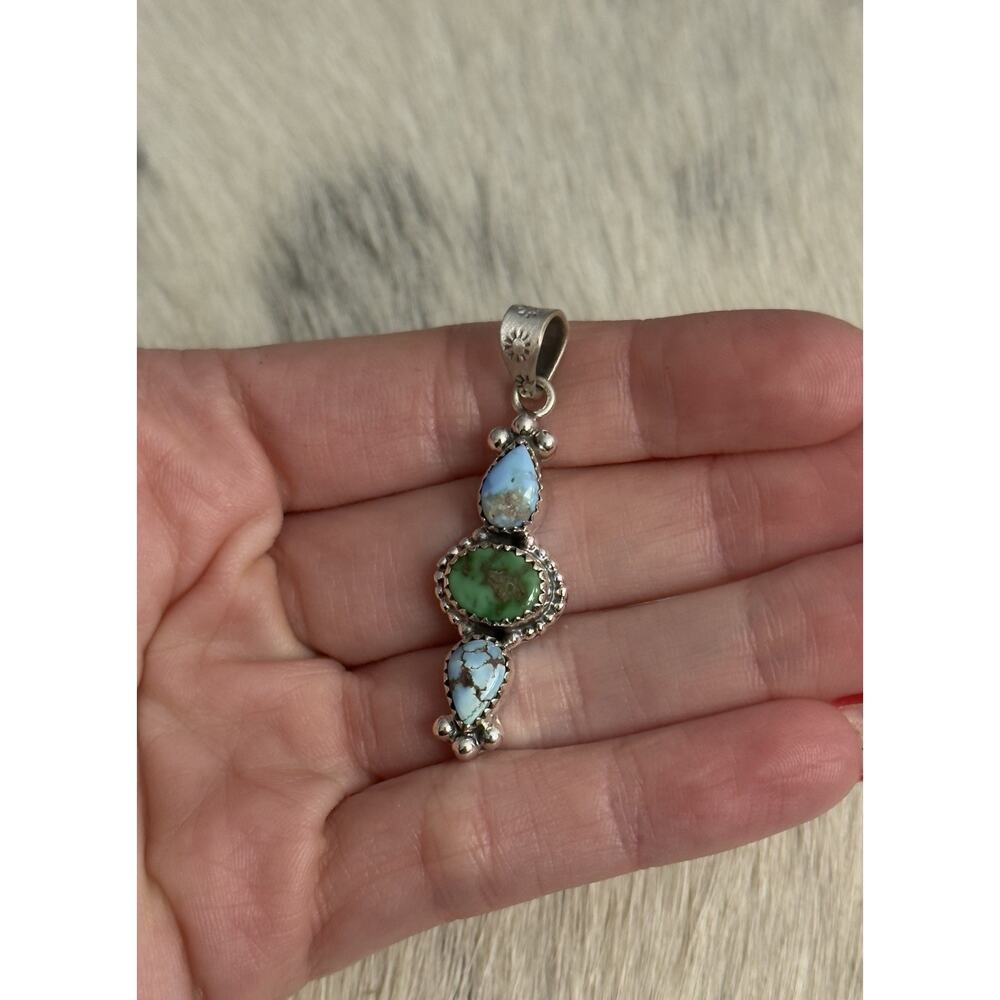 Sterling Silver Golden Hills Green Sonoran Gold Turquoise 3 Stone Pendant 925